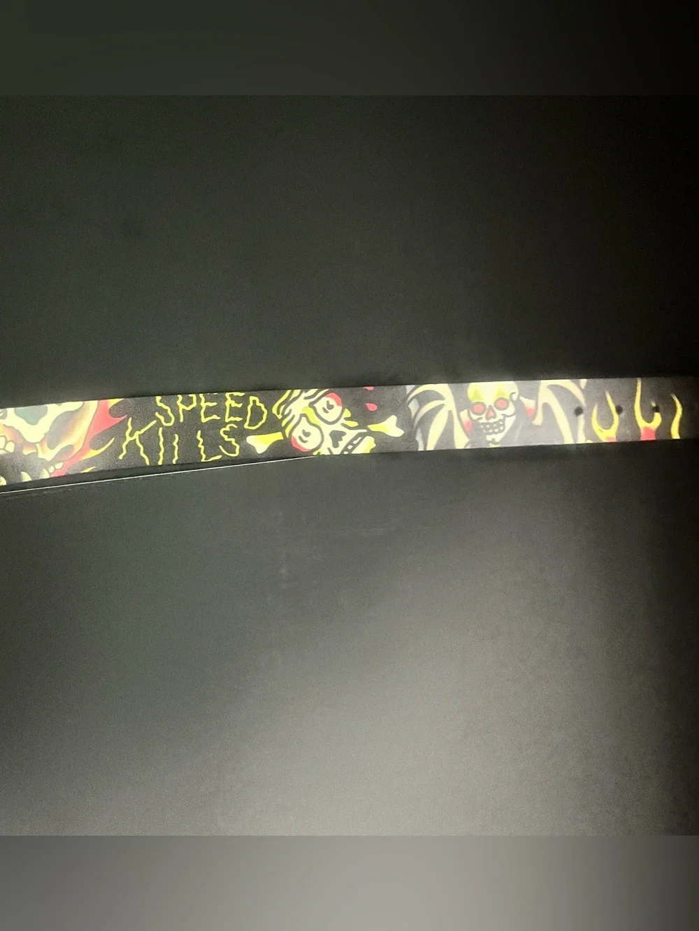 Ed Hardy Skull & Flames Graphic Belt - Black with Yellow and Red Accents